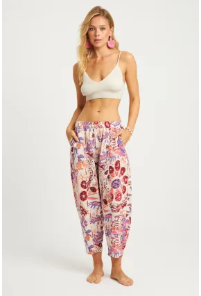 Kadın Ekru-Lila Desenli Keten Şalvar Pantolon K1253