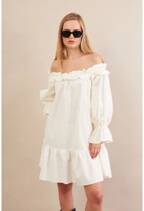 Kadın Ekru Madonna Yaka Midi Elbise PSG1012