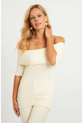 Kadın Ekru Madonna Yaka Triko Bluz KZ538