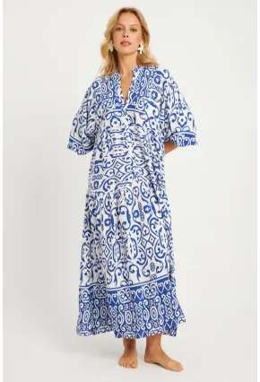 Kadın Ekru-Mavi Desenli Midi Elbise MGÇ169