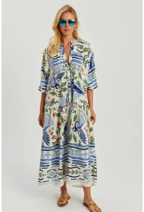 Kadın Ekru-Mavi Desenli Salaş Maxi Elbise GÇ166