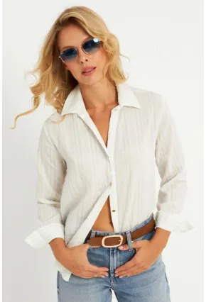 Kadın Ekru-Mavi Gömlek KED714