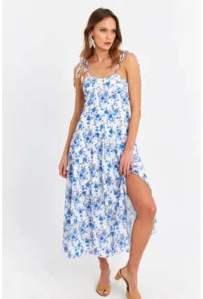 Kadın Ekru-Mavi İp Askılı Çiçekli Midi Elbise ERL10013