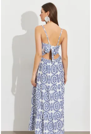 Kadın Ekru-Mavi Sırt Dekolteli Desenli Maxi Elbise LİT110