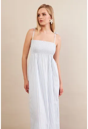 Kadın Ekru-Mavi Straplez çizgili Plaj Elbisesi OR502