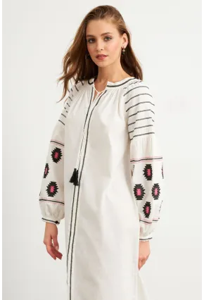 Kadın Ekru Nakışlı Balon Kol Keten Midi Elbise MQS5689-1