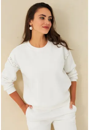 Kadın Ekru Omuzları İnci Detaylı Sweatshirt DY1424