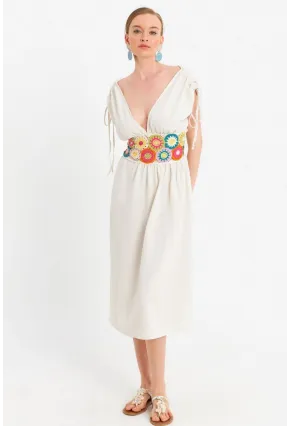 Kadın Ekru Ön Arka V Nakışlı Midi Elbise ELT180