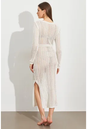 Kadın Ekru Önü Pencereli Ajurlu Plaj Elbisesi KZ545