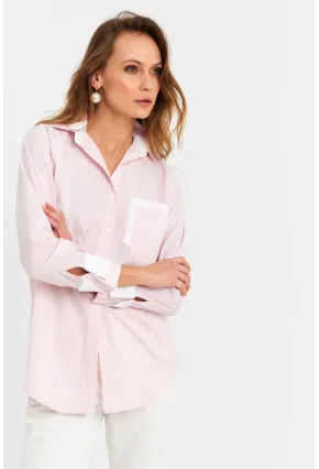 Kadın Ekru-Pembe Çizgili Gömlek MPC6041