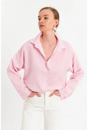 Kadın Ekru-Pembe Çizgili Gömlek ZER425