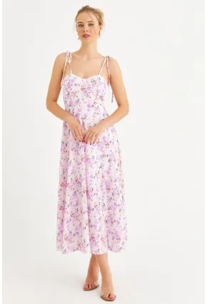 Kadın Ekru-Pembe İp Askılı Çiçekli Midi Elbise ERL10013