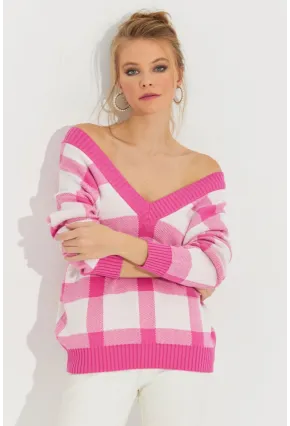 Kadın Ekru-Pembe V Yaka Ekose Triko Kazak TH1102