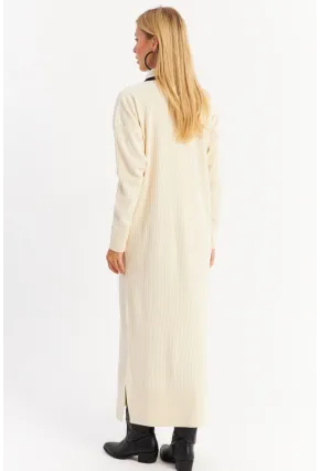 Kadın Ekru Polo Yaka Triko Maxi Elbise MNUV17