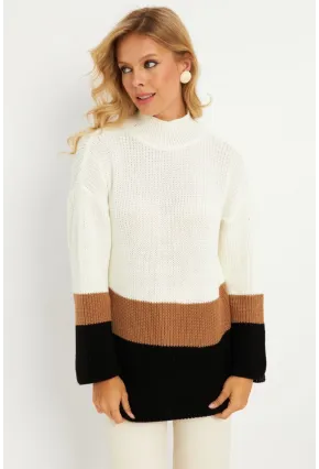Kadın Ekru Renk Bloklu Kazak YV277
