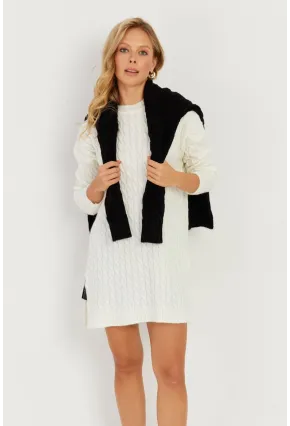 Kadın Ekru Saç Örgülü Triko Tunik KZ2505