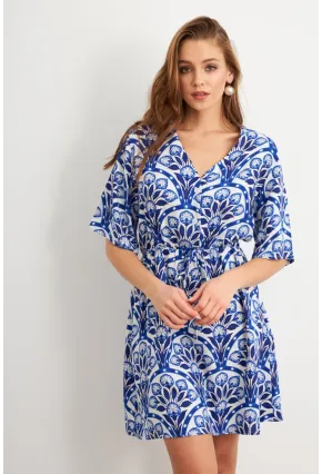 Kadın Ekru-Saks Desenli Mini Elbise Q1006