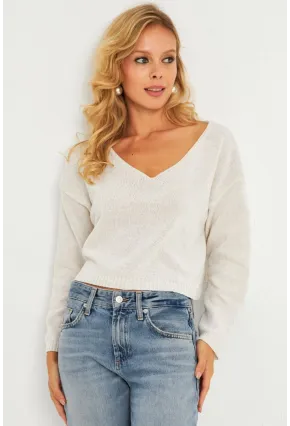 Kadın Ekru Salaş Kısa Triko Bluz YV281