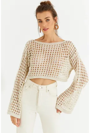 Kadın Ekru Simli Ajurlu Triko Kısa Bluz YV141