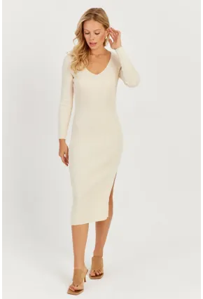 Kadın Ekru Sırtı Çapraz Triko Midi Elbise YZ407