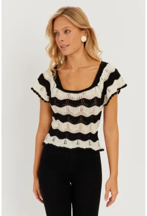 Kadın Ekru-Siyah Ajurlu Triko Bluz YZ624