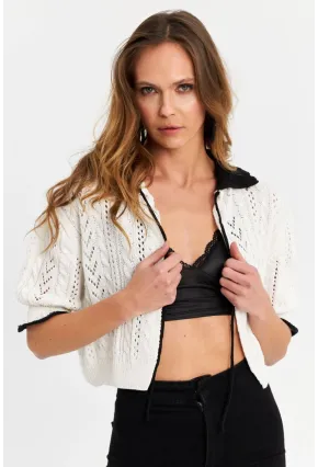 Kadın Ekru-Siyah Ajurlu Triko Hırka YV307