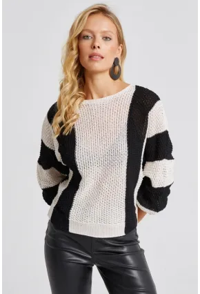 Kadın Ekru-Siyah Ajurlu Triko Kazak YV218