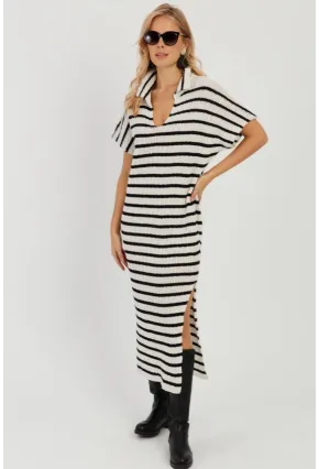 Kadın Ekru-Siyah Ajurlu Triko Midi Elbise YZ622