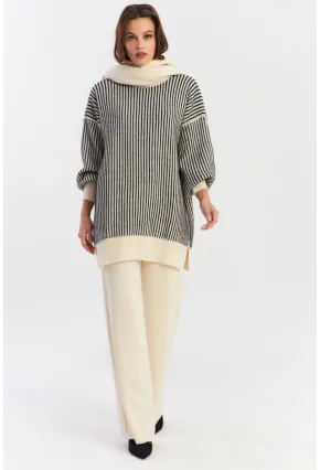 Kadın Ekru-Siyah Alt Üst Pantalon Triko Takım NUV35