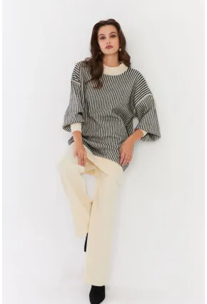 Kadın Ekru-Siyah Alt Üst Pantalon Triko Takım NUV35