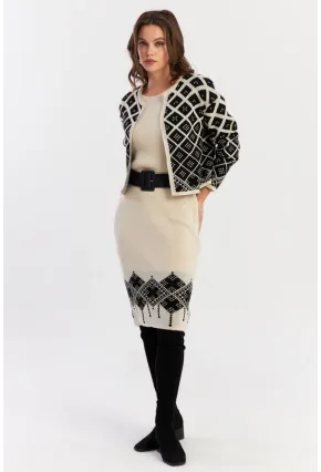 Kadın Ekru-Siyah Alt Üst Triko Desenli Takım NUV2028