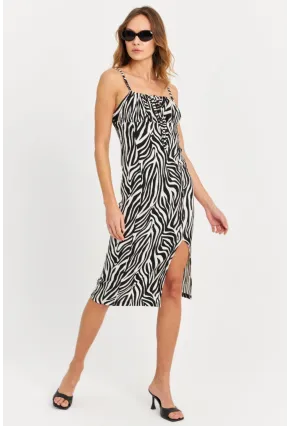 Kadın Ekru-Siyah Askılı Bürümcük Midi Elbise KAB302