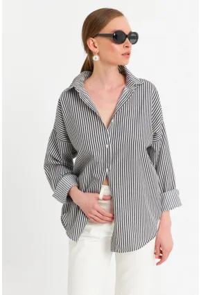 Kadın Ekru-Siyah Çizgili Gömlek ZER425