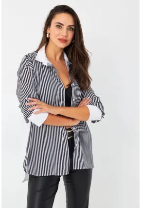 Kadın Ekru-Siyah Çizgili Kontrast Gömlek ELT156