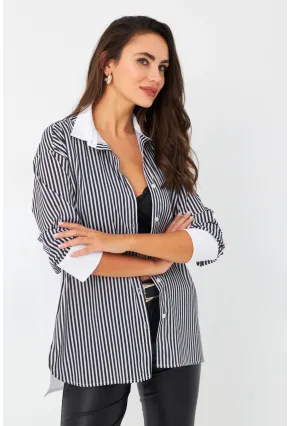 Kadın Ekru-Siyah Çizgili Kontrast Gömlek ELT156