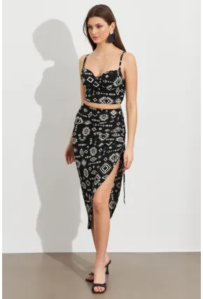 Kadın Ekru-Siyah Desenli Crop Etek Takım LİT108