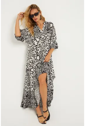 Kadın Ekru-Siyah Desenli Midi Elbise MGÇ169