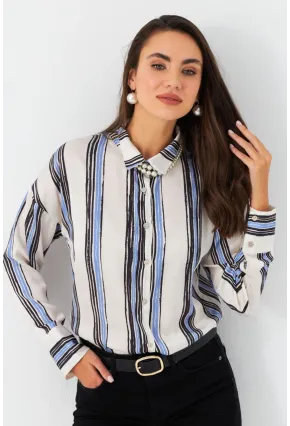 Kadın Ekru-Siyah Desenli Saten Gömlek MSHR500