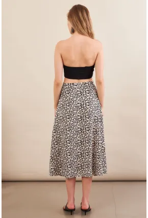 Kadın Ekru-Siyah Düğmeli Midi Etek SH60