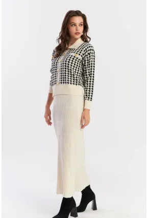 Kadın Ekru-Siyah Kazayağı Desenli Triko Takım NUV36