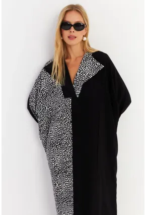 Kadın Ekru-Siyah Leopar Bloklu Maxi Elbise MALO15