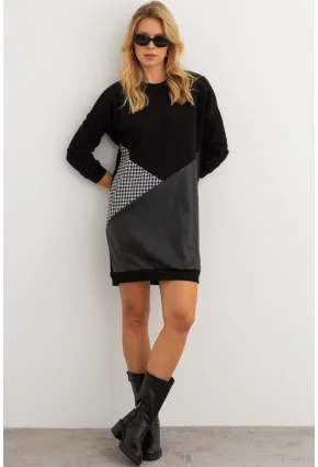 Kadın Ekru-Siyah Leopar Desenli Mini Sweat Elbise ST145