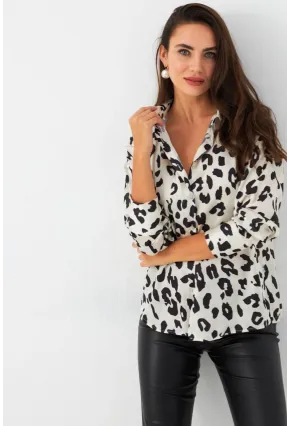 Kadın Ekru-Siyah Leopar Desenli Saten Gömlek SHR9