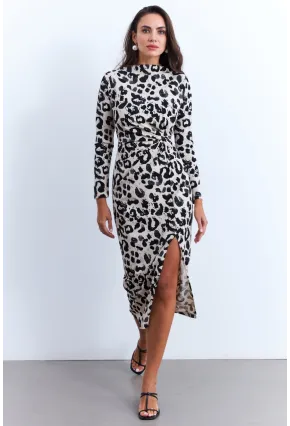 Kadın Ekru-Siyah Önü Düğümlü Desenli Midi Elbise MKED5006