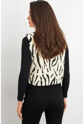 Kadın Ekru-Siyah Peluş Desenli Kısa Yelek ELT1118