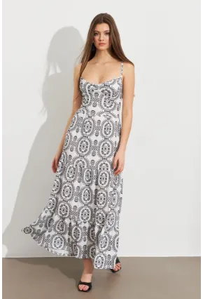 Kadın Ekru-Siyah Sırt Dekolteli Desenli Maxi Elbise LİT110