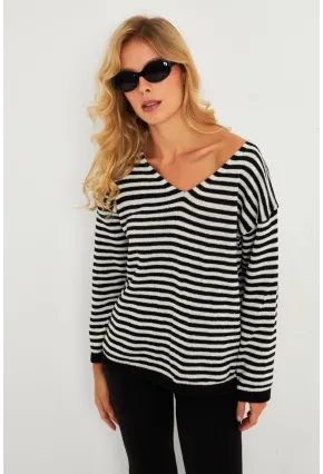 Kadın Ekru-Siyah V Yaka Triko Salaş Bluz YV283