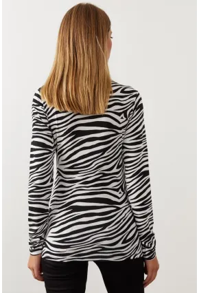 Kadın Ekru-Sıyah Yarım Balıkçı Zebra Desen Bluz LPP1133