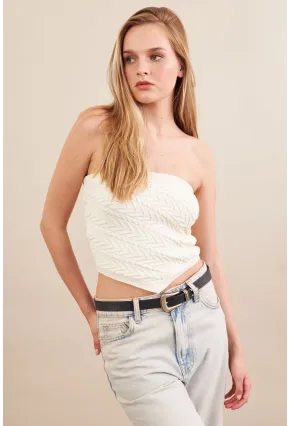 Kadın Ekru Straplez Triko Crop Bluz ZH049