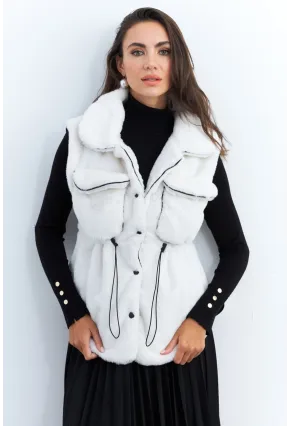 Kadın Ekru Suni Kürk Cepli Yelek MK66